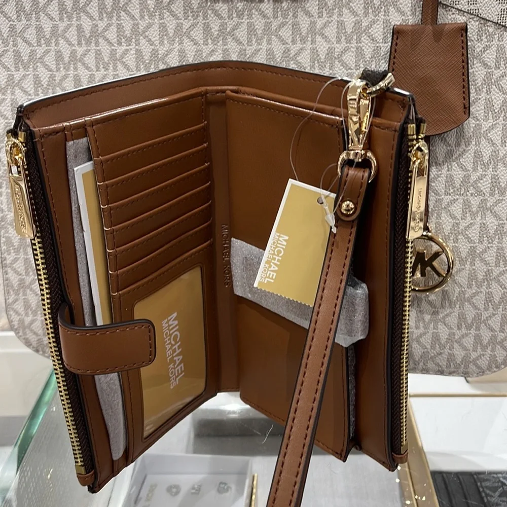 Michael Kors Jet Set Travel Large Double-Zip Wristlet-Wallet-PhoneHolder Brown